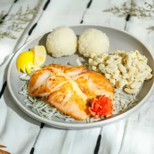 a plate of salmon and rice