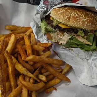 Fire Burger with combo fries.