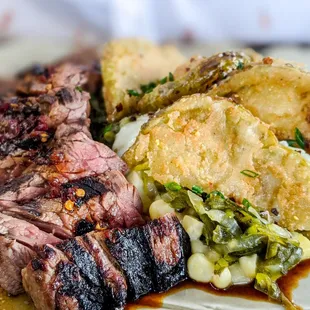 Grilled Bavette Steak, summer corn, fried green tomato  |  Instagram @tabletopviews