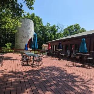 patio area with tables and umbrellas