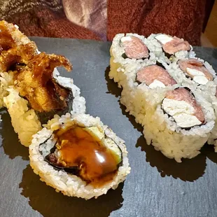 Philly Roll of smoked salmon &amp; cream cheese and Spider Roll of softshell crab, avocado, cucumber