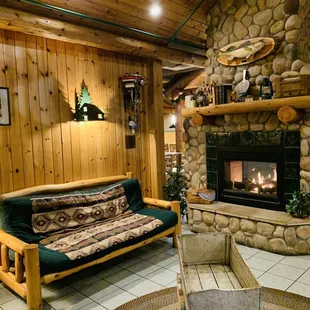 a stone fireplace