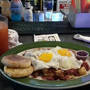 Corned beef hash, and bloody Mary.
