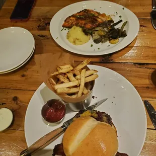 Burger and salmon entrees