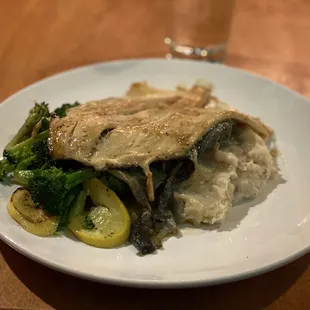 Trout Almondine, mashed potatoes and steamed broccoli &amp; squash - this is a legit restaurant and not some airport