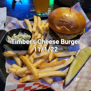 Cheese Burger with cheddar cheese, frenchfries.