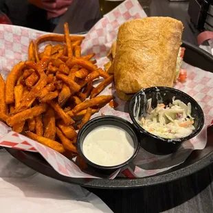 Buffalo Chicken Wrap and Sweet Potato Fries