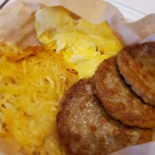 Hashed Browns, Sausage Patties, Eggs