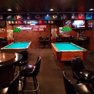a billiards room with pool tables