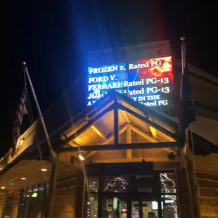 Exterior of Timbers Movie Theatres in Siren, Wisconsin at night