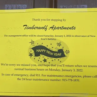 Leasing office closed January 1, 2022