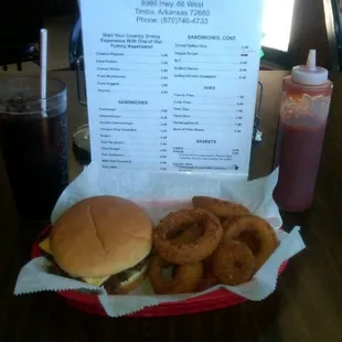 Cheeseburger, onion rings, and a drink will cost you about $10.