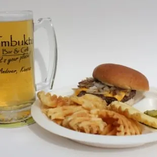 Add onion rings, curly fries, waffle fries, tator tots, or krinkel fries. Burger served with chips &amp; and incl. local &amp; state tax