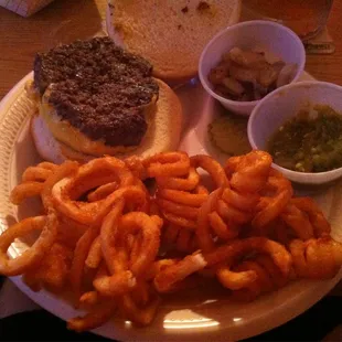 1/2 lb cheeseburger with jalapeño relish and curly-q fries