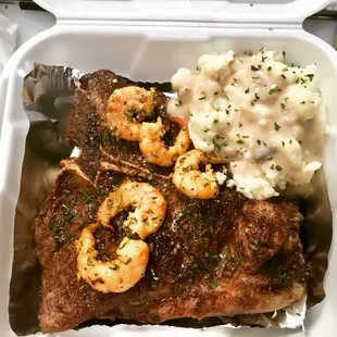 T-Bone Steak, Shrimp and Mashed  Potato's &amp; Gravy