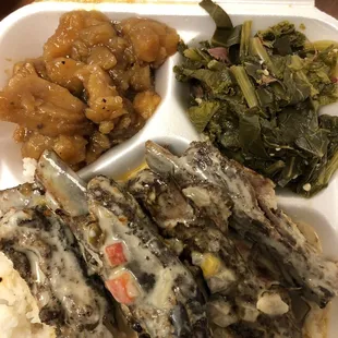 Hard twice cooked old Pork ribs with out of can yams and spicy unseasoned greens BEWARE!!!!