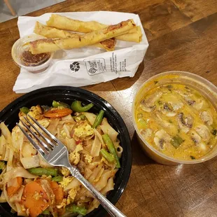 Dry flavorless pad kee mow, watery tom kha, and small long life rolls