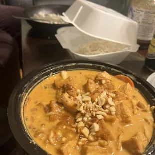 Thai Classic Peanut tofu with a side of coconut rice instead of the regular rice. Level 5 with extra spice on the side.