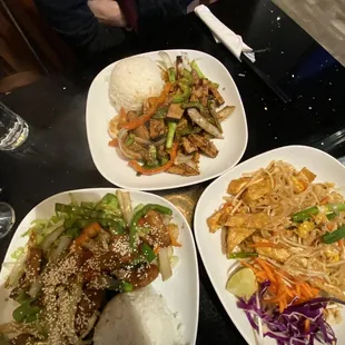 Tofu Pad Thai, Lemongrass Vegan Tuna Fish, Mongolian Vegan Beef