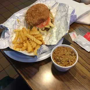 Big Bob Burger &amp; Dirty rice.