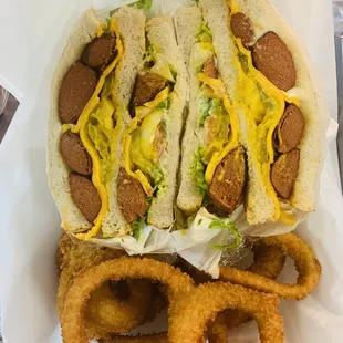 a hot dog and onion rings