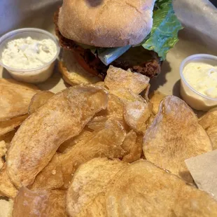 Buttermilk crispy chicken sandwich. Delicious!  And I always love their homemade potato chips and dip. Yummy!