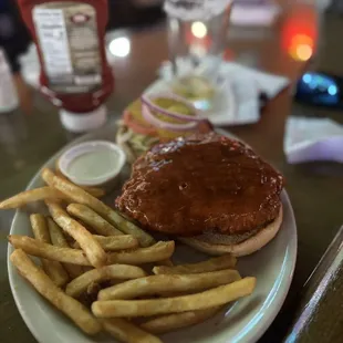 Buffalo chicken sandwich with fries