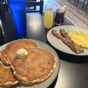 Pancakes, bacon and eggs... with a black cherry mimosa!