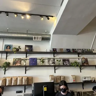 Wall of coffee beans and Vinyl records