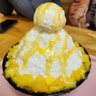 a bowl of ice cream and mangoes