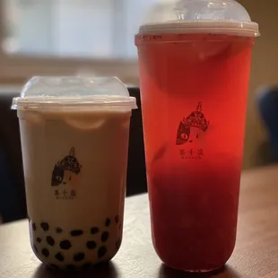 Black Pearl Milk Tea and Large Strawberry Fruit Tea