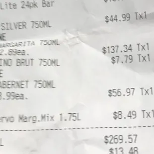 a receipt for a drink