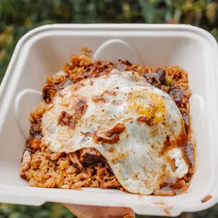 pork adobo loco moco with fried rice