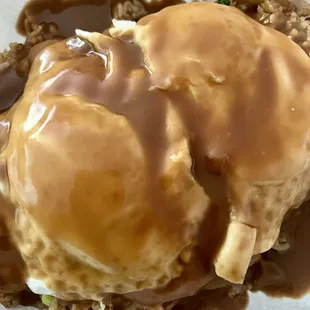 Loco Moco with Corned Beef Hash Patty, Over Easy Eggs, and Fried Rice