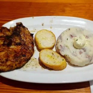 8 ounce grilled chicken with 2 sides : garlic mashed potatoes and Mac and cheese (such a large side, it is in its entire bowl)