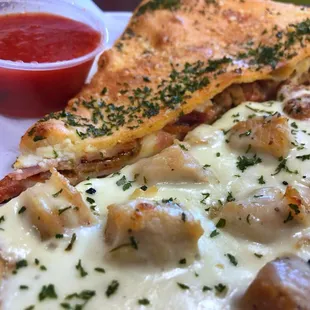 Meat lovers stuffed pizza, and chicken Alfredo pizza!