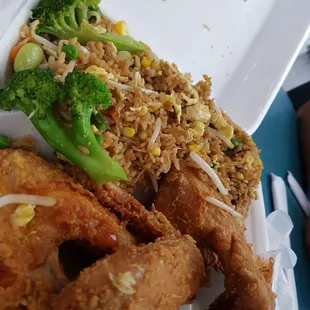 fried chicken, rice, and broccoli