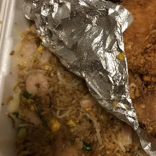 Shrimp fried rice with fried chicken pieces