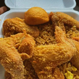 Wings, rice, and a biscuit