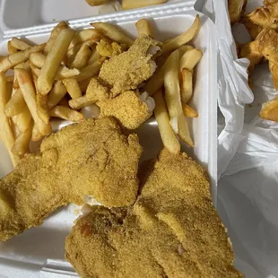 Fried fish, shrimp combo with french fries and cream wontons.