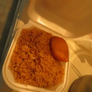 a container of rice and a donut