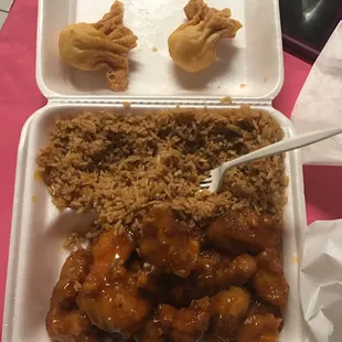 Orange chicken( it comes with a fried biscuit as well) and cheese puffs  that&apos;s a lot for $10