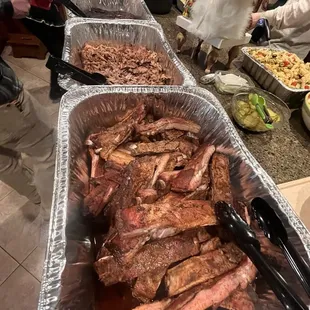 Brisket, pulled pork and ribs.