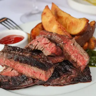 Skirt Steak Marinated in Garlic and Lemon with Crisp Russet Fries &amp; Handmade Siracha Ketchup