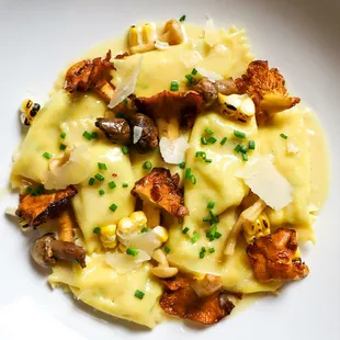 Sweet Corn &amp; Herb Agnolotti with Chanterelles Wild Mushrooms and Parmesan Butter Italian Style