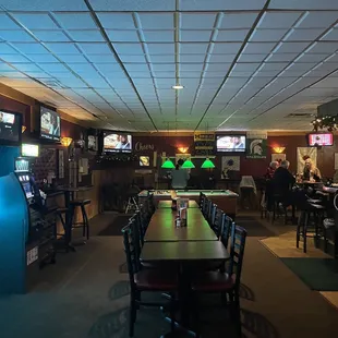 Pool table, music, bar and seating