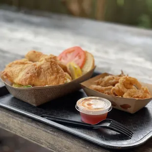 Fried fish sandwich and fried calamari