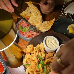 Mediterranean Tuna Tartare .  Semolina-Dusted Calamari