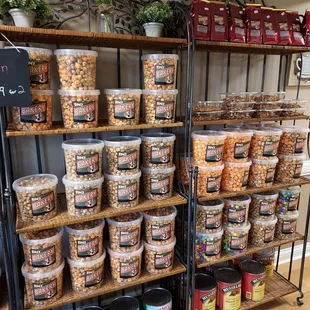 a shelf full of food