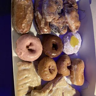 Blueberry fritters, buttermilk sticks, assorted cake, lemon filled, apple &amp; cherry turnovers